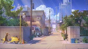 Sunlit Japanese Neighborhood Street Scene with Yellow Scooter and City Skyline HD wallpaper