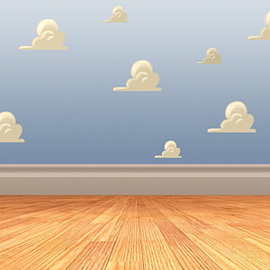 Toy Story Cloud Wall Decals on Blue Wall with Wooden Floor HD phone wallpaper