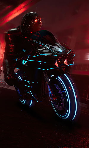 Cyberpunk Rider on a Neon-Blue Kawasaki Ninja H2 Motorcycle in a Dark Red Haze HD phone wallpaper