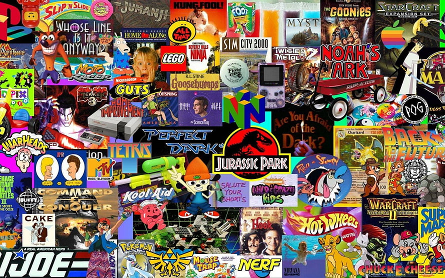Retro 90s Pop Culture Collage Featuring Classic Toys, Video Games, and Nostalgic Brand Logos HD wallpaper