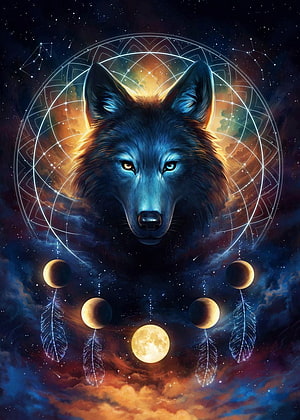 Mystical Wolf Spirit Animal with Dreamcatcher and Moon Phases in Cosmic Nebula HD phone wallpaper