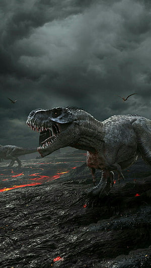 Indominus Rex Roaring on Volcanic Terrain Under Stormy Skies HD phone wallpaper