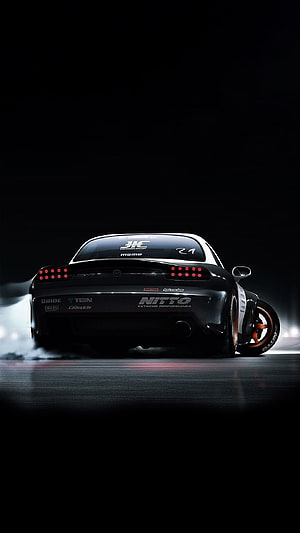Mazda RX-7 Rear Drift with Smoke and Orange Wheels on Dark Asphalt HD phone wallpaper