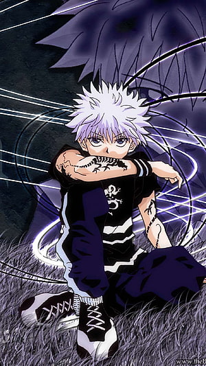 Killua Zoldyck from Hunter x Hunter Sitting in Grass with Electric Aura HD phone wallpaper