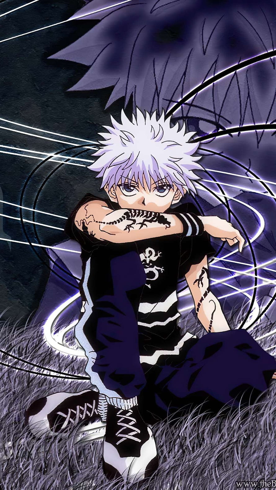 Killua Zoldyck from Hunter x Hunter Sitting in Grass with Electric Aura HD phone wallpaper