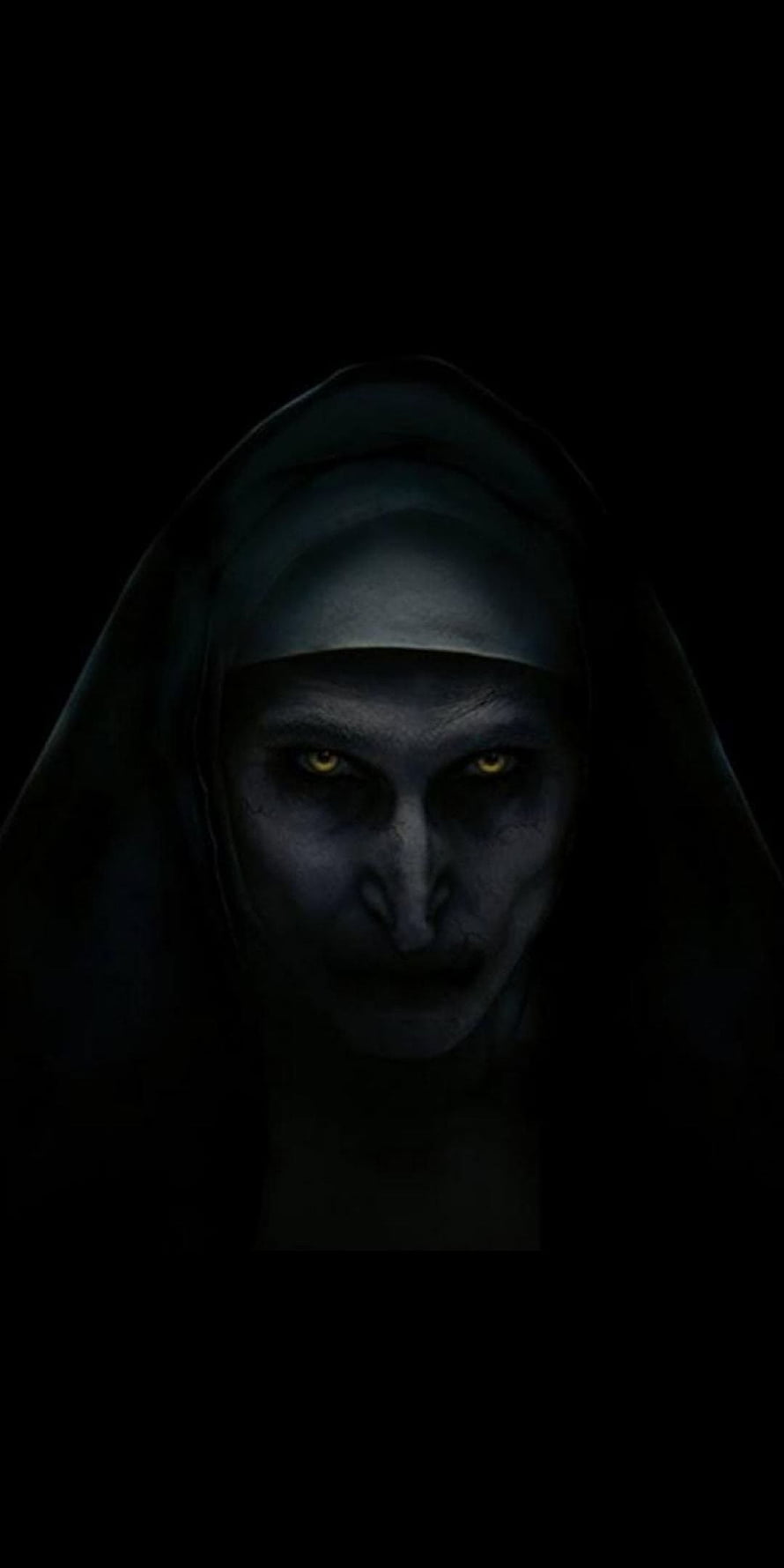 Evil Nun Portrait with Glowing Yellow Eyes in Dark Hooded Horror Style HD phone wallpaper