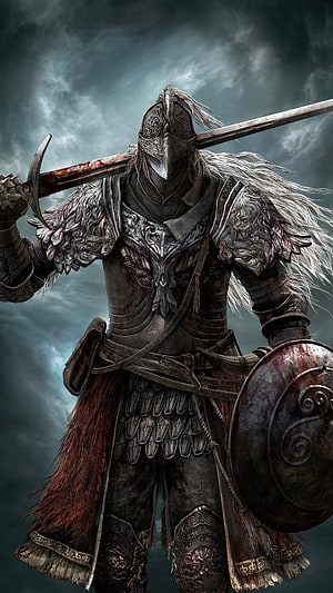 Elden Ring Knight in Ornate Armor with Sword and Shield Under Stormy Sky HD phone wallpaper