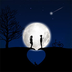 Romantic Silhouette of a Couple Under a Full Moon with Heart-Shaped Hill and Shooting Star HD phone wallpaper