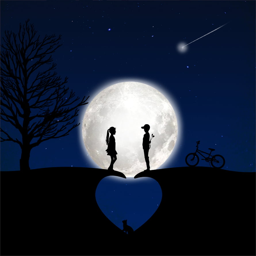 Romantic Silhouette of a Couple Under a Full Moon with Heart-Shaped Hill and Shooting Star HD phone wallpaper