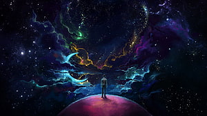 Astral Projection: Man Standing on Cosmic Planet Under Nebula Sky HD wallpaper