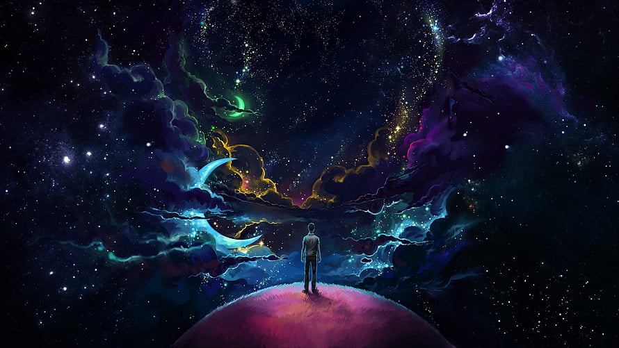 Astral Projection: Man Standing on Cosmic Planet Under Nebula Sky HD wallpaper