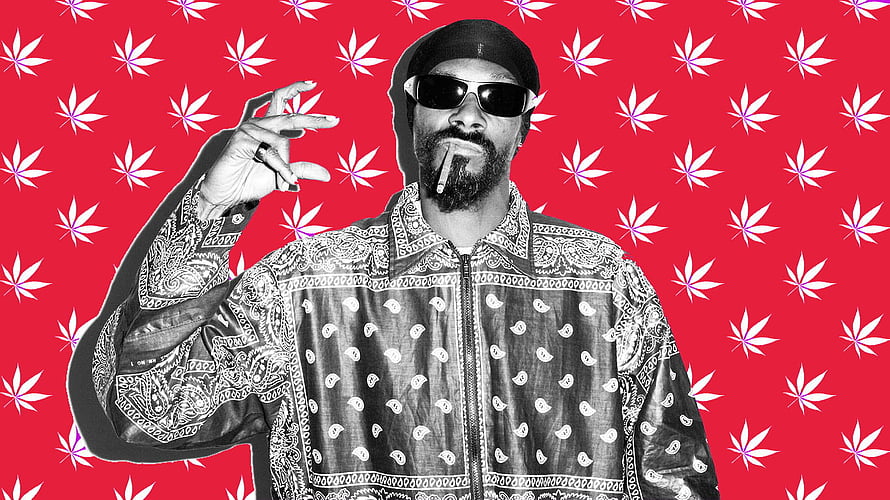 Snoop Dogg in Bandana Jacket and Sunglasses Against Red Cannabis Leaf Pattern HD wallpaper