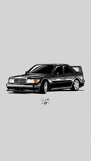 Black Mercedes-Benz W201 190E Evolution II Illustration with Rear Spoiler on Gray Background HD phone wallpaper