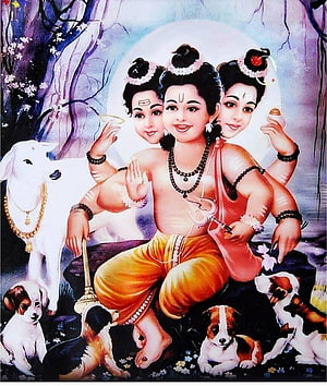 Shree Gurudev Datta Tri-Mukhi Deity with White Cow and Puppies in Traditional Indian Art HD phone wallpaper