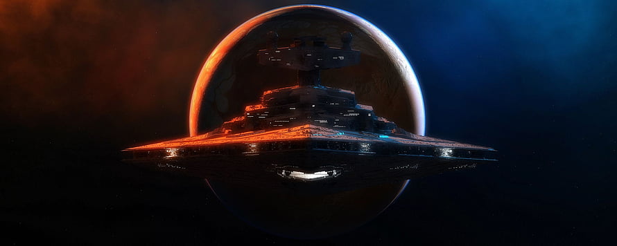 Star Wars Imperial Star Destroyer Silhouetted Against a Glowing Planet in Deep Space HD wallpaper