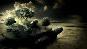 Surreal Giant Tortoise Carrying a Lush Island with Elephants and Trees Under a Dramatic Sky HD wallpaper