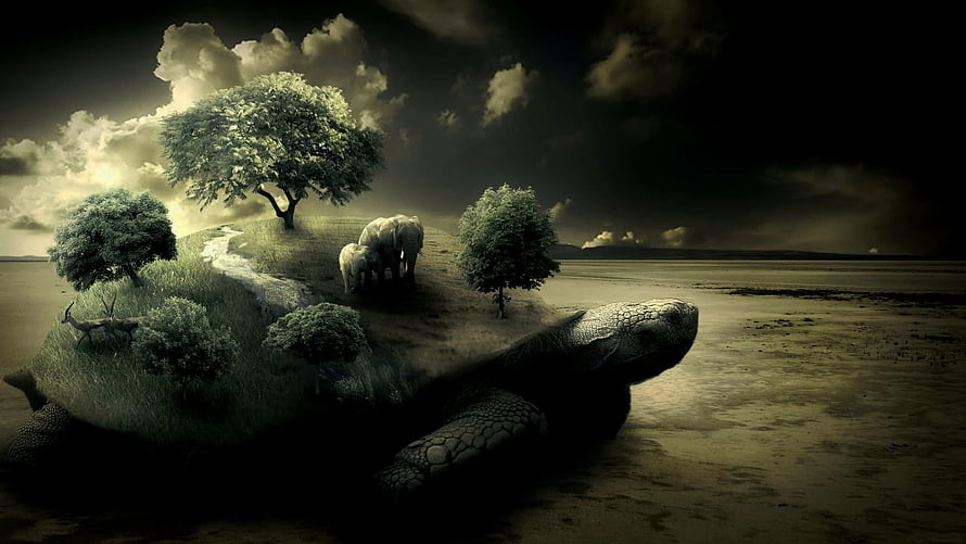 Surreal Giant Tortoise Carrying a Lush Island with Elephants and Trees Under a Dramatic Sky HD wallpaper