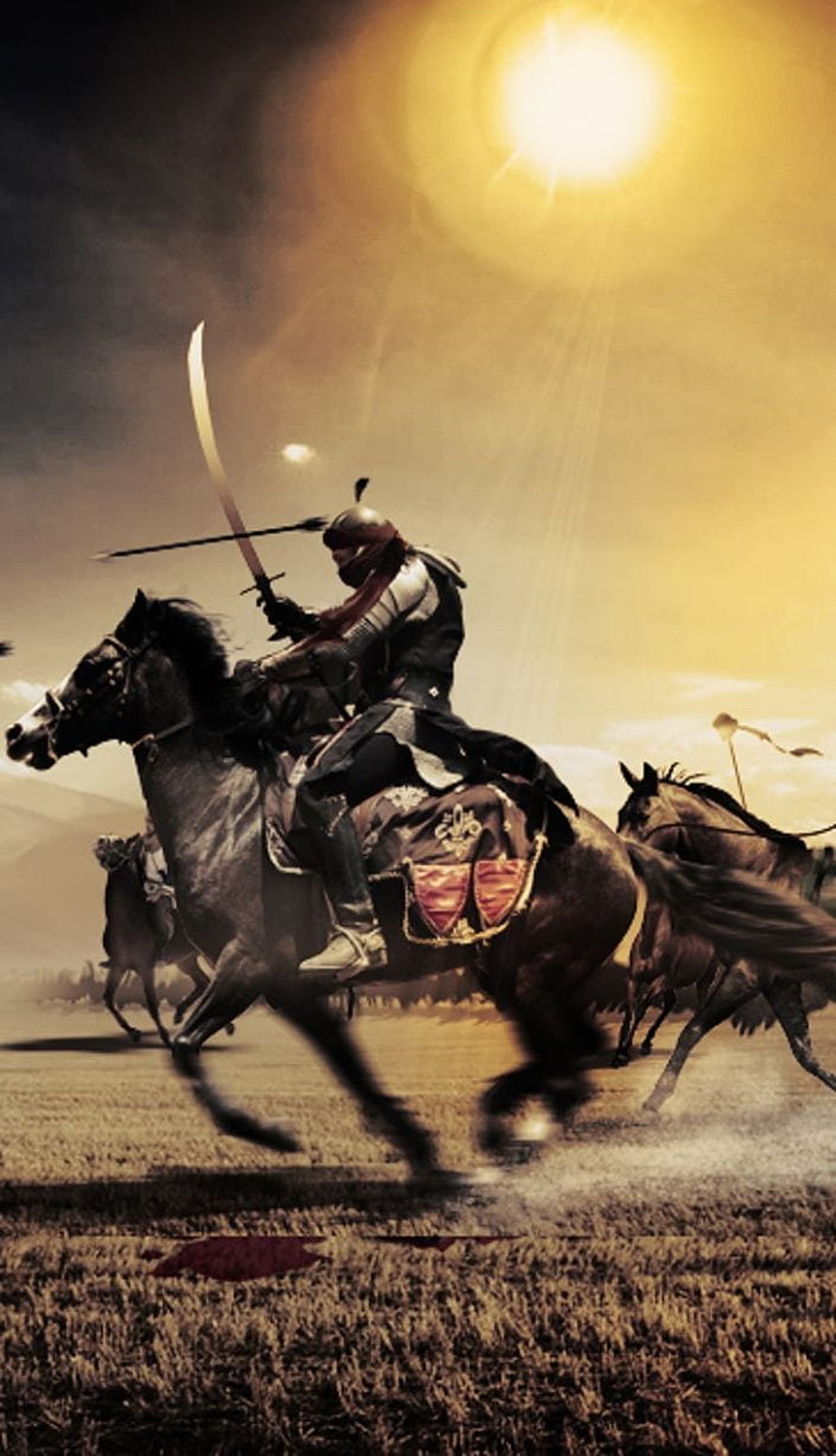 Arabian Warrior on Horseback with Scimitar in Golden Desert Light HD phone wallpaper
