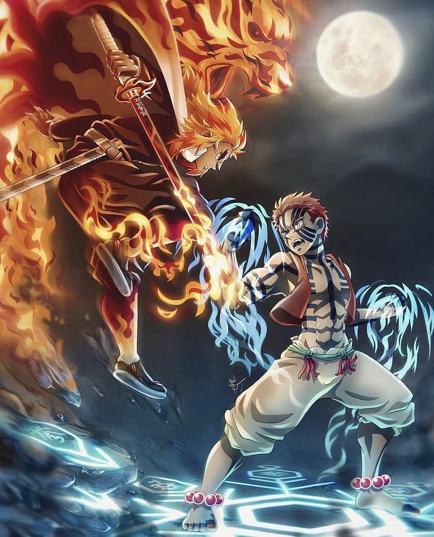 Demon Slayer Rengoku and Akaza Epic Sword Fight Under Full Moon HD phone wallpaper