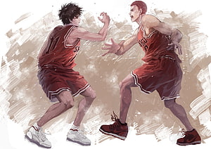Slam Dunk Anime Illustration of Sakuragi and Rukawa in Red Basketball Uniforms HD wallpaper