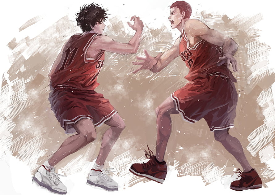 Slam Dunk Anime Illustration of Sakuragi and Rukawa in Red Basketball Uniforms HD wallpaper