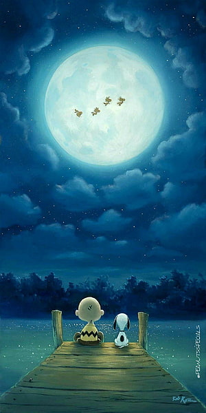 Charlie Brown and Snoopy Gazing at the Moon from a Dock in Peanuts HD phone wallpaper