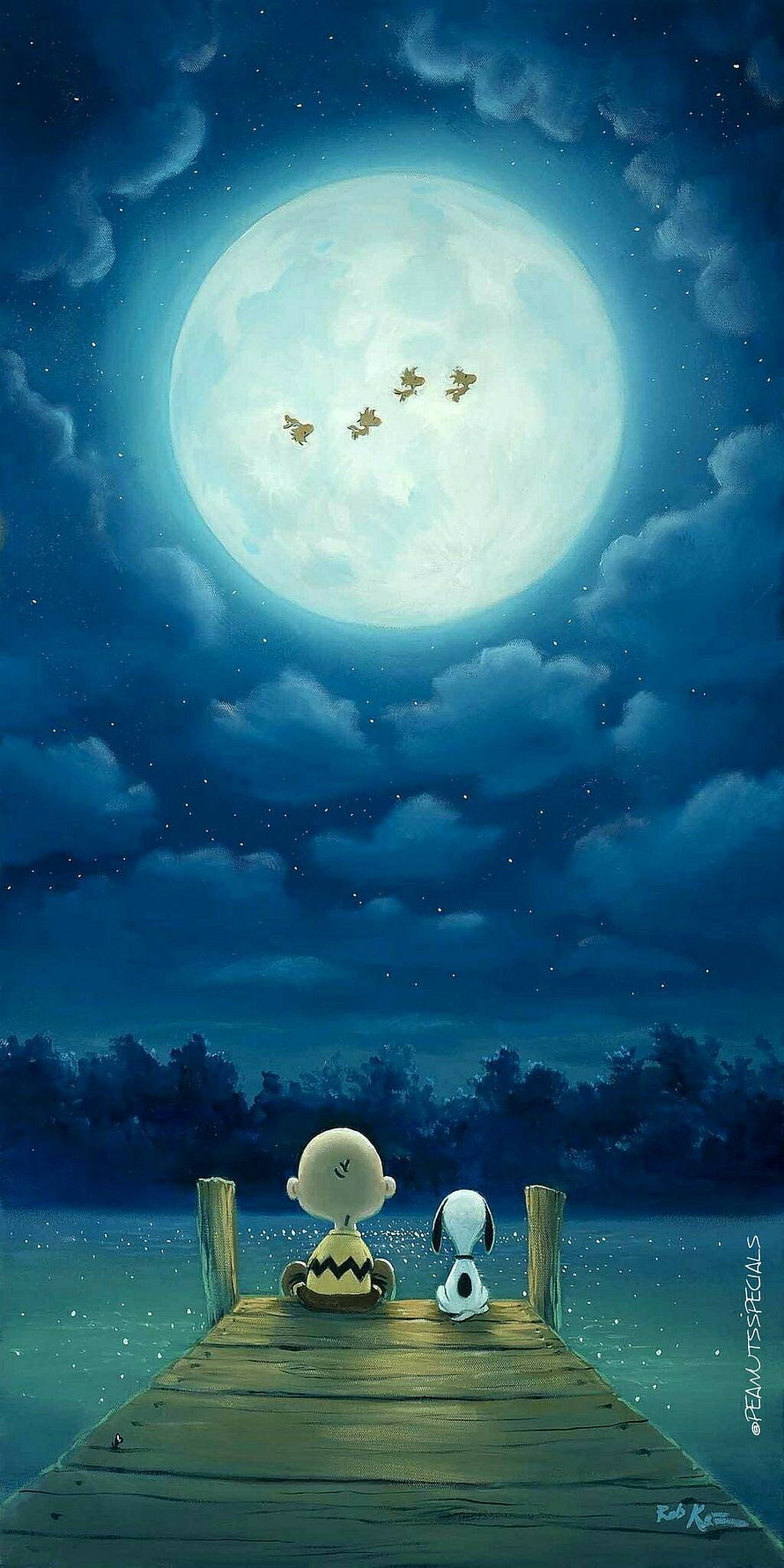 Charlie Brown and Snoopy Gazing at the Moon from a Dock in Peanuts HD phone wallpaper