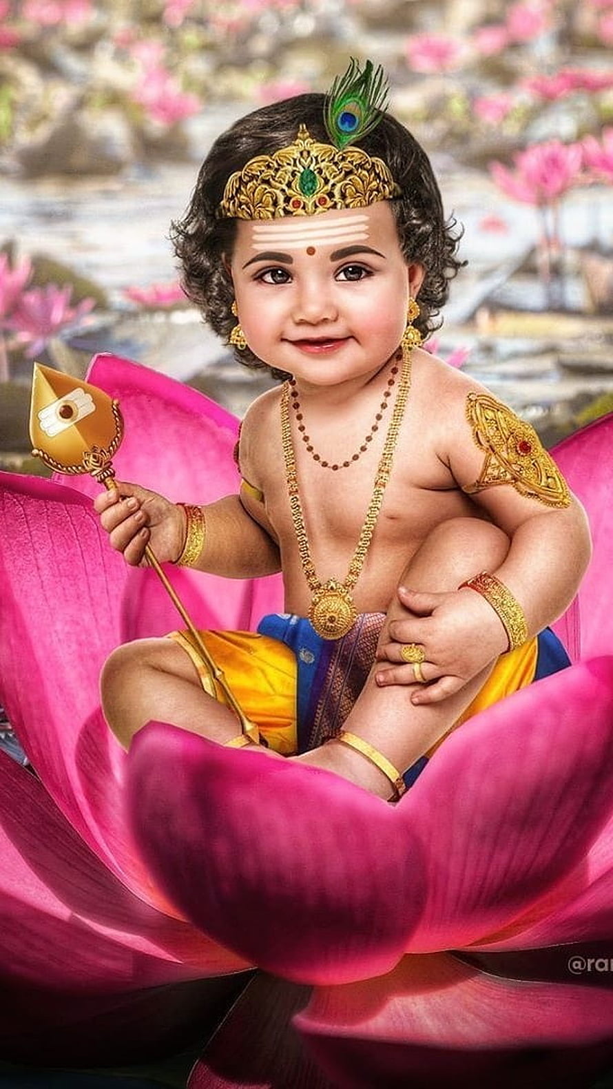 Baby Lord Murugan Sitting on a Pink Lotus Flower with a Golden Vel HD phone wallpaper