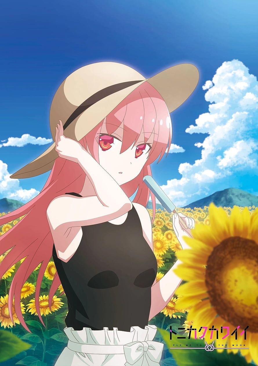 Yuzaki Tsukasa from Tonikaku Kawaii in a sunflower field wearing a straw hat and holding a popsicle HD phone wallpaper