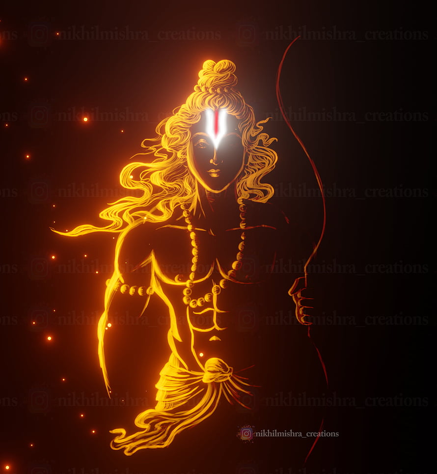 Lord Rama glowing golden line art with bow and arrow on dark background HD phone wallpaper