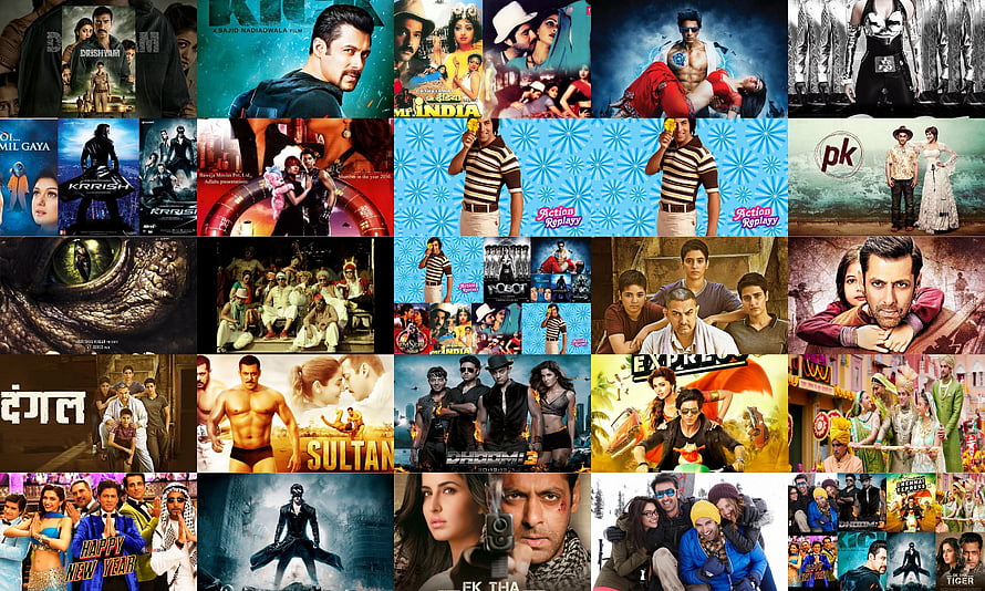 Bollywood Movie Poster Collage Featuring Popular Indian Film Stills and Cast HD wallpaper