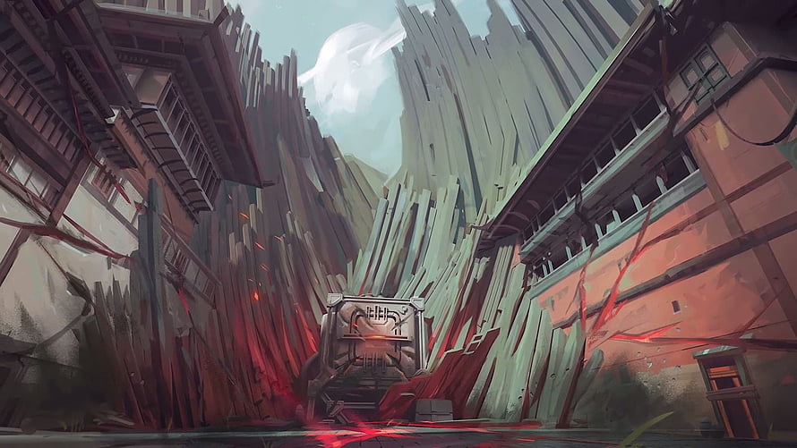 Valorant Map Concept Art Featuring a Futuristic Alleyway with Red Energy Effects and Tall Buildings HD wallpaper
