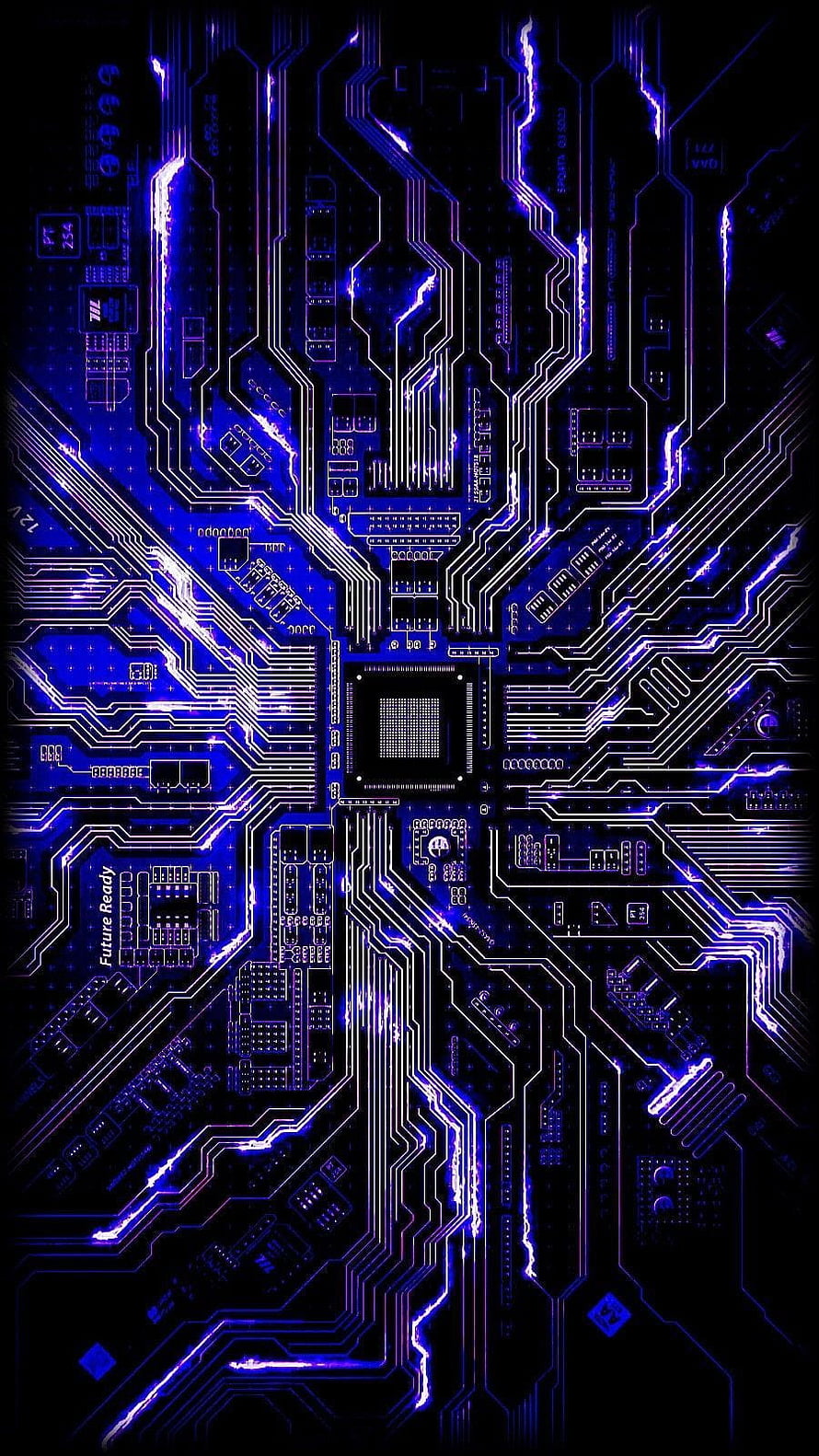 Neon Blue Circuit Board Pattern with Glowing Traces and Central Processor Chip HD phone wallpaper