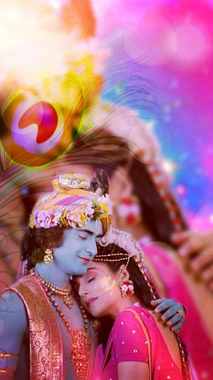 Radha Krishna Devotional Portrait in Vibrant Traditional Attire HD phone wallpaper