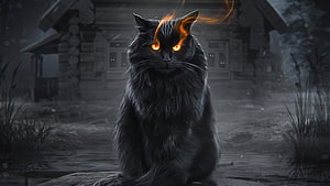 Mystical Black Cat with Glowing Fire Eyes in a Dark Fantasy Landscape HD wallpaper