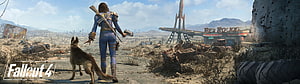 Fallout 4 Wasteland Scene With Lone Wanderer And Dog Approaching Retro Rocket Gas Station HD wallpaper