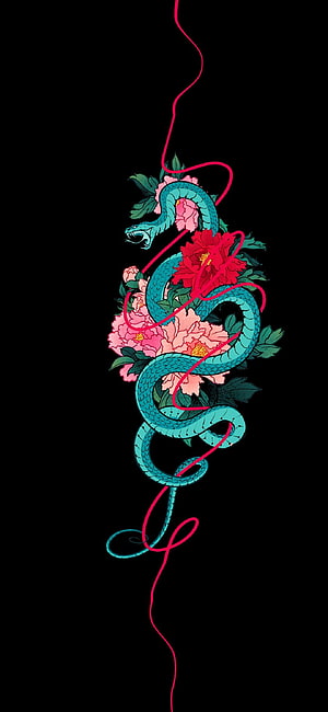 Teal Snake Coiled Among Pink Peonies with Neon Red Line on Black Background HD phone wallpaper