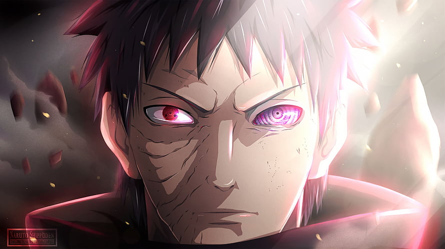 Obito Uchiha Anime Character Portrait with Glowing Rinnegan Eyes and Dark Aura HD wallpaper