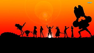One Piece Character Silhouettes Against Vibrant Sunset Sky HD wallpaper