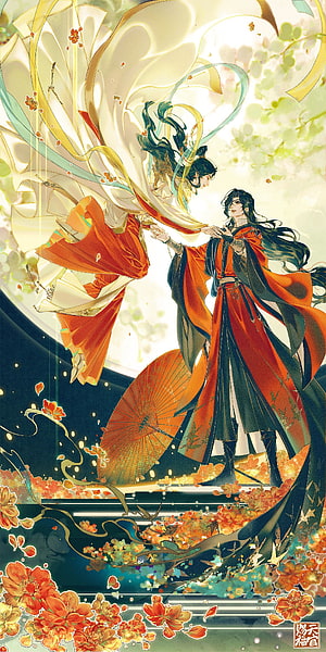 Heaven Official's Blessing: Two Figures in Flowing Crimson and Gold Attire Amidst Falling Blossoms HD phone wallpaper