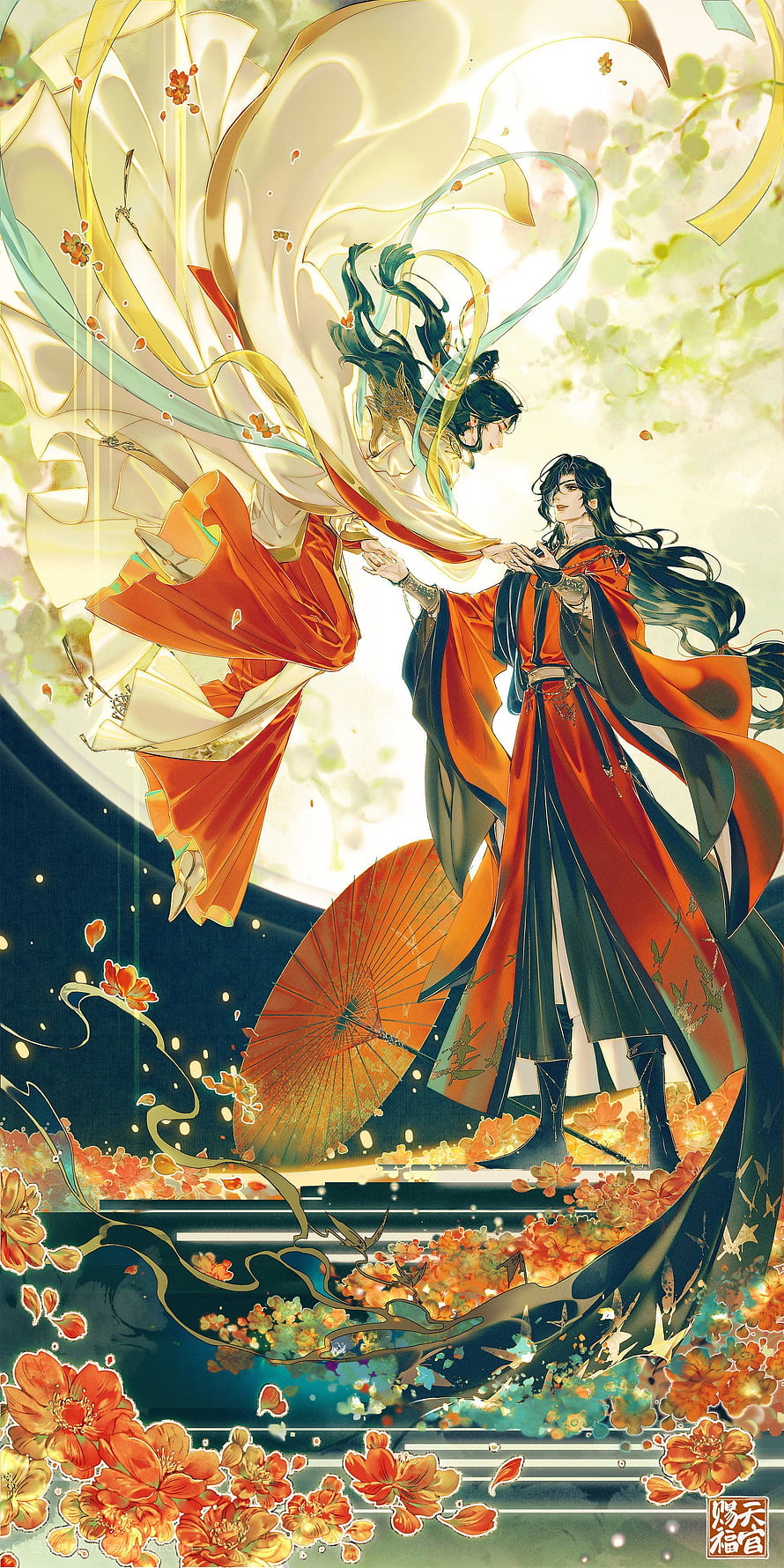 Heaven Official's Blessing: Two Figures in Flowing Crimson and Gold Attire Amidst Falling Blossoms HD phone wallpaper