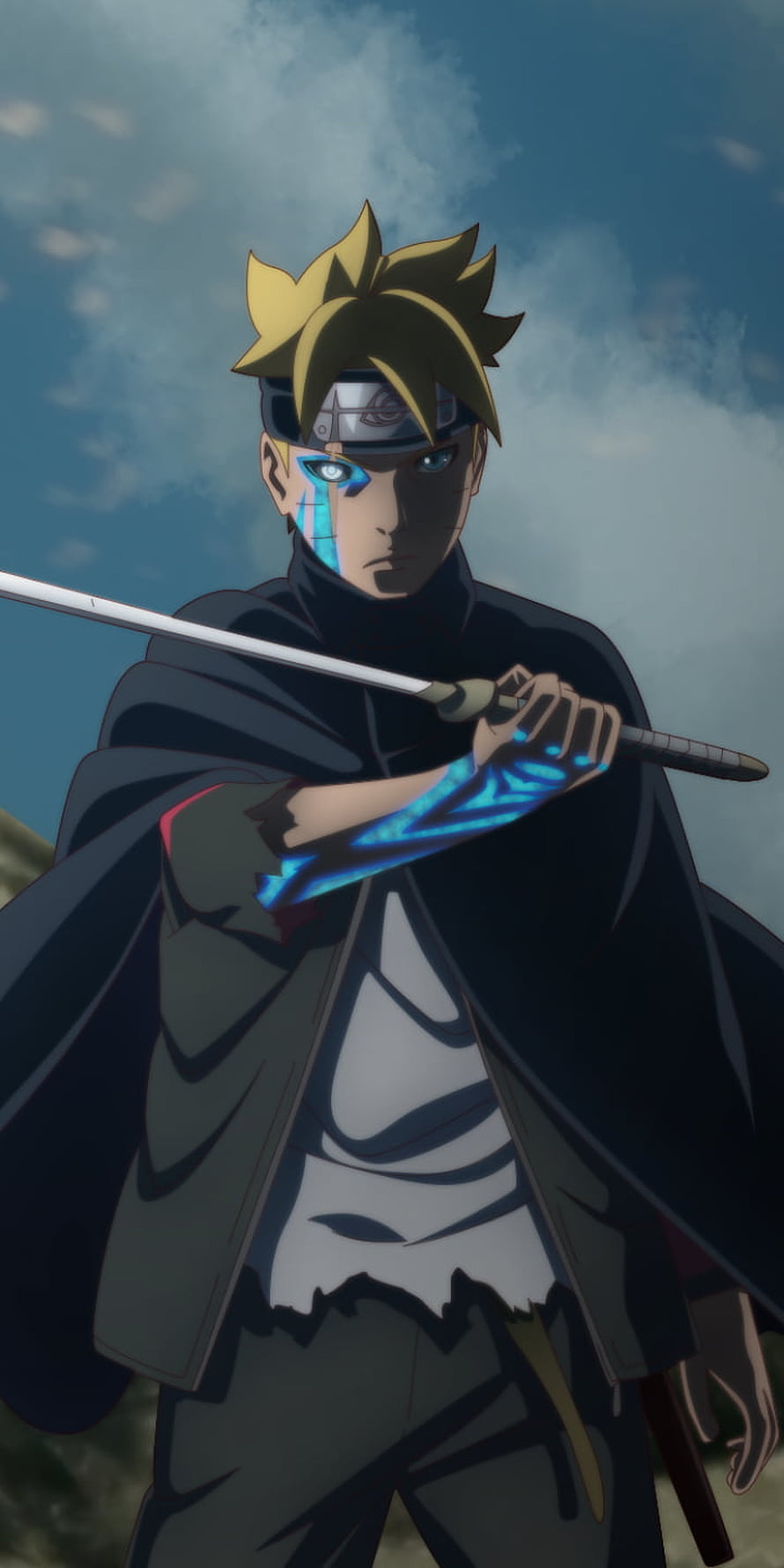 Kawaki from Boruto Anime Holding Sword with Blue Chakra Markings HD phone wallpaper