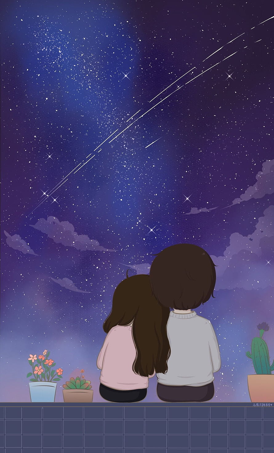 Cute Couple Watching Meteor Shower and Starry Night Sky From Balcony HD phone wallpaper