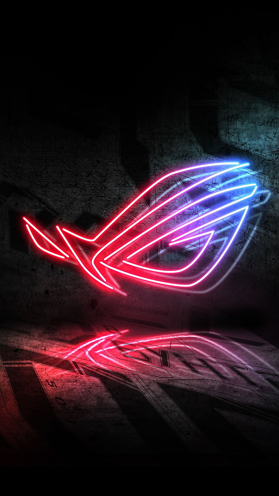 Neon ROG Logo Glowing on Dark Industrial Concrete Surface HD phone wallpaper