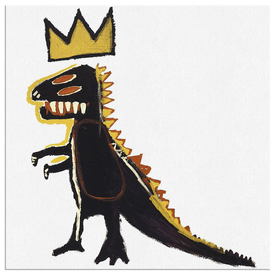 Jean-Michel Basquiat T Rex Painting with Gold Crown on White Canvas HD phone wallpaper