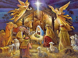 Traditional Nativity Scene with Angels, Shepherds, and the Star of Bethlehem HD wallpaper