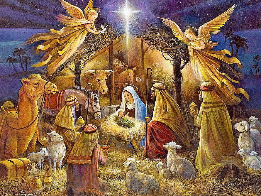 Traditional Nativity Scene with Angels, Shepherds, and the Star of Bethlehem HD wallpaper