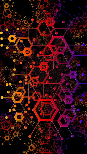 Vibrant Red and Purple Hexagonal Molecular Network on Black Background HD phone wallpaper