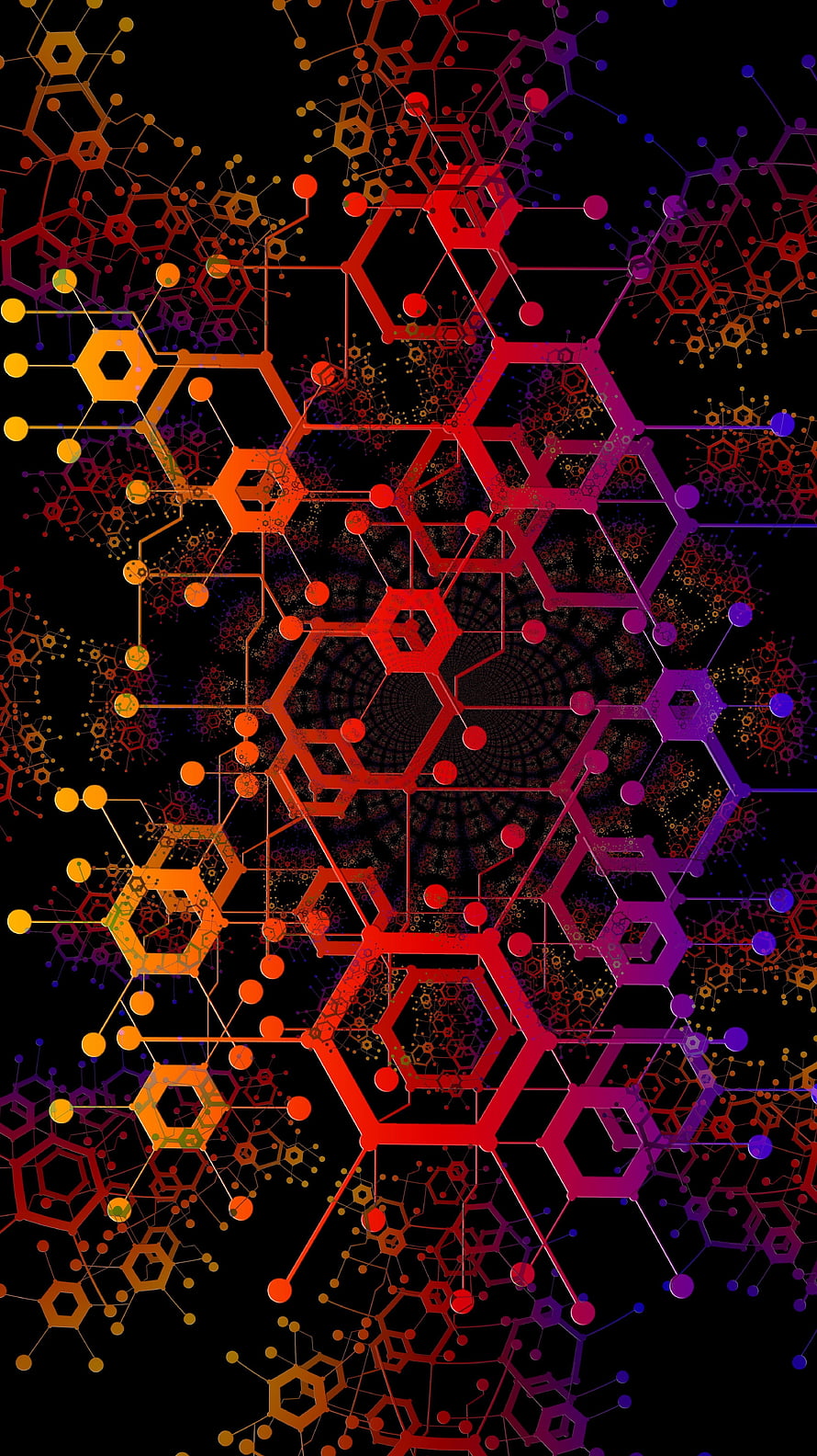 Vibrant Red and Purple Hexagonal Molecular Network on Black Background HD phone wallpaper