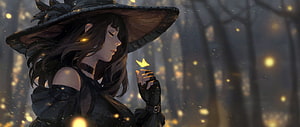 Witch in a wide-brimmed hat holding a glowing butterfly in a misty forest at night HD wallpaper